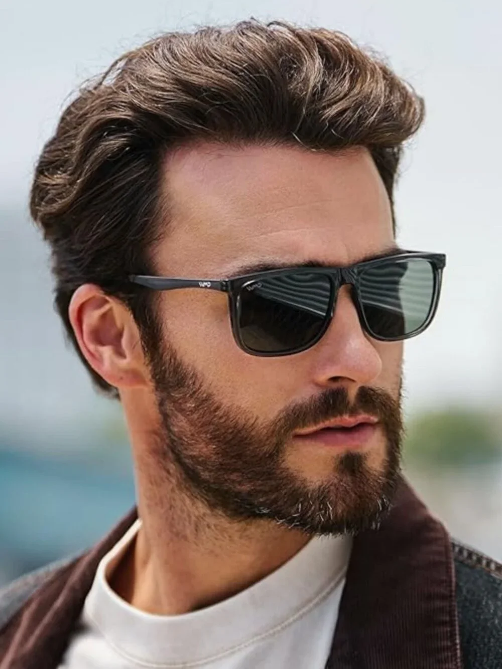 Crystal Grey Flat Top Square Polarized Sunglasses Men Smoke Green Lens